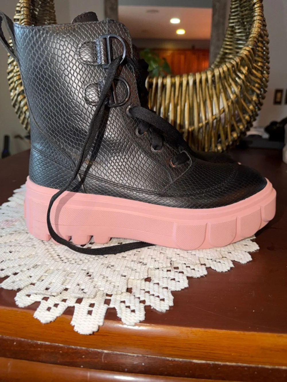 Sorel Black Faux-Snake Platform Sneakers with Pink Soles